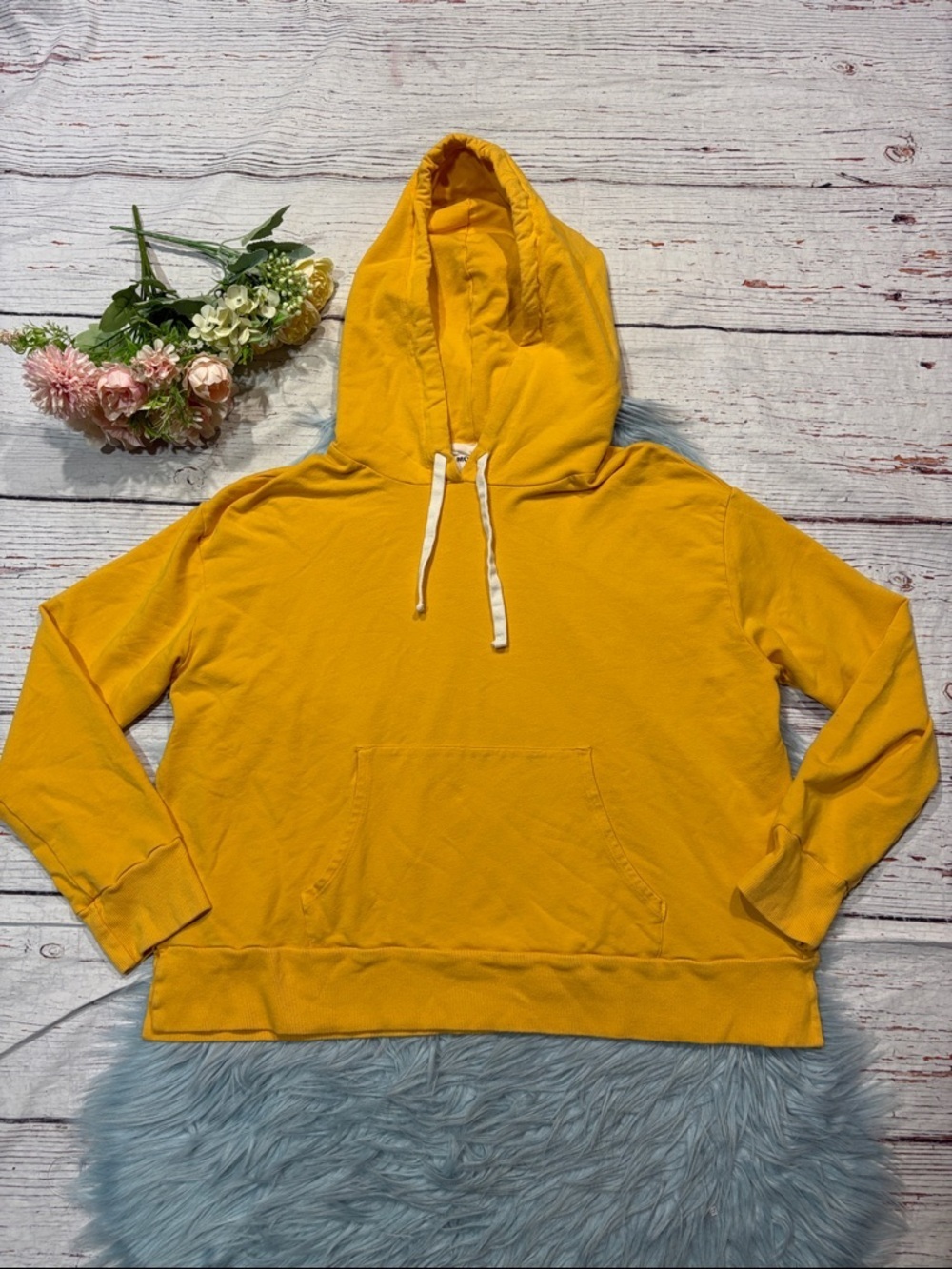 Monrow Pullover Mustard Yellow Fleece Pocket Hoodie